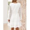 ZESICA Women’s 2026 Long Sleeve Mini Dress Fall V Neck Hollow Out Eyelet Embroidery Ruffle A Line Swing Short Dresses(White)