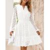 ZESICA Women’s 2026 Long Sleeve Mini Dress Fall V Neck Hollow Out Eyelet Embroidery Ruffle A Line Swing Short Dresses(White)