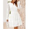 ZESICA Women’s 2026 Long Sleeve Mini Dress Fall V Neck Hollow Out Eyelet Embroidery Ruffle A Line Swing Short Dresses(White)