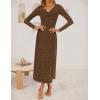 ZESICA Women’s Fall Floral Long Sleeve Bodycon Dress 2026 Elegant V Neck Cocktail Party Long Midi Dresses(Brown)