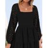 ZESICA Women’s Fall Long Sleeve Maxi Dresses 2026 Square Neck Hollow Out Eyelet Smocked A Line Cocktail Party Dress(Black)