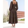 ZESICA Women’s Fall Long Sleeve Maxi Dresses 2026 Square Neck Hollow Out Eyelet Smocked A Line Cocktail Party Dress(Coffee)