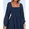 ZESICA Women’s Fall Long Sleeve Maxi Dresses 2026 Square Neck Hollow Out Eyelet Smocked A Line Cocktail Party Dress(Navy)