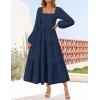 ZESICA Women’s Fall Long Sleeve Maxi Dresses 2026 Square Neck Hollow Out Eyelet Smocked A Line Cocktail Party Dress(Navy)