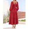 ZESICA Women’s Fall Long Sleeve Maxi Dresses 2026 Square Neck Hollow Out Eyelet Smocked A Line Cocktail Party Dress(Red)