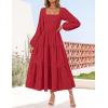 ZESICA Women’s Fall Long Sleeve Maxi Dresses 2026 Square Neck Hollow Out Eyelet Smocked A Line Cocktail Party Dress(Red)