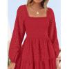 ZESICA Women’s Fall Long Sleeve Maxi Dresses 2026 Square Neck Hollow Out Eyelet Smocked A Line Cocktail Party Dress(Red)
