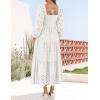 ZESICA Women’s Fall Long Sleeve Maxi Dresses 2026 Square Neck Hollow Out Eyelet Smocked A Line Cocktail Party Dress(White)