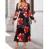 ZESICA Women’s Floral Long Sleeve Midi Dresses 2026 Fall Boho V Neck Belted High Wasit Flowy Wedding Cocktail Party Dress(Black)