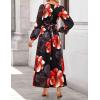 ZESICA Women’s Floral Long Sleeve Midi Dresses 2026 Fall Boho V Neck Belted High Wasit Flowy Wedding Cocktail Party Dress(Black)