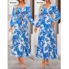 ZESICA Women’s Floral Long Sleeve Midi Dresses 2026 Fall Boho V Neck Belted High Wasit Flowy Wedding Cocktail Party Dress(Blue)