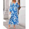 ZESICA Women’s Floral Long Sleeve Midi Dresses 2026 Fall Boho V Neck Belted High Wasit Flowy Wedding Cocktail Party Dress(Blue)
