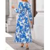 ZESICA Women’s Floral Long Sleeve Midi Dresses 2026 Fall Boho V Neck Belted High Wasit Flowy Wedding Cocktail Party Dress(Blue)