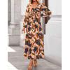ZESICA Women’s Floral Long Sleeve Midi Dresses 2026 Fall Boho V Neck Belted High Wasit Flowy Wedding Cocktail Party Dress(Brown)
