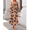 ZESICA Women’s Floral Long Sleeve Midi Dresses 2026 Fall Boho V Neck Belted High Wasit Flowy Wedding Cocktail Party Dress(Brown)