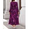 ZESICA Women’s Floral Long Sleeve Midi Dresses 2026 Fall Boho V Neck Belted High Wasit Flowy Wedding Cocktail Party Dress(Darkpurple)