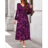 ZESICA Women’s Floral Long Sleeve Midi Dresses 2026 Fall Boho V Neck Belted High Wasit Flowy Wedding Cocktail Party Dress(Darkpurple)