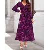 ZESICA Women’s Floral Long Sleeve Midi Dresses 2026 Fall Boho V Neck Belted High Wasit Flowy Wedding Cocktail Party Dress(Darkpurple)