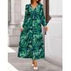 ZESICA Women’s Floral Long Sleeve Midi Dresses 2026 Fall Boho V Neck Belted High Wasit Flowy Wedding Cocktail Party Dress(Green)