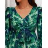 ZESICA Women’s Floral Long Sleeve Midi Dresses 2026 Fall Boho V Neck Belted High Wasit Flowy Wedding Cocktail Party Dress(Green)