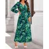 ZESICA Women’s Floral Long Sleeve Midi Dresses 2026 Fall Boho V Neck Belted High Wasit Flowy Wedding Cocktail Party Dress(Green)