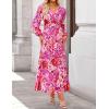ZESICA Women’s Floral Long Sleeve Midi Dresses 2026 Fall Boho V Neck Belted High Wasit Flowy Wedding Cocktail Party Dress(Pink)