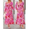 ZESICA Women’s Floral Long Sleeve Midi Dresses 2026 Fall Boho V Neck Belted High Wasit Flowy Wedding Cocktail Party Dress(Pink)