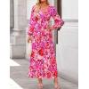 ZESICA Women’s Floral Long Sleeve Midi Dresses 2026 Fall Boho V Neck Belted High Wasit Flowy Wedding Cocktail Party Dress(Pink)