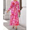 ZESICA Women’s Floral Long Sleeve Midi Dresses 2026 Fall Boho V Neck Belted High Wasit Flowy Wedding Cocktail Party Dress(Pink)