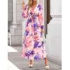 ZESICA Women’s Floral Long Sleeve Midi Dresses 2026 Fall Boho V Neck Belted High Wasit Flowy Wedding Cocktail Party Dress(Purple)