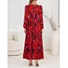 ZESICA Women’s Floral Long Sleeve Midi Dresses 2026 Fall Boho V Neck Belted High Wasit Flowy Wedding Cocktail Party Dress(Red)