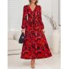 ZESICA Women’s Floral Long Sleeve Midi Dresses 2026 Fall Boho V Neck Belted High Wasit Flowy Wedding Cocktail Party Dress(Red)