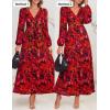 ZESICA Women’s Floral Long Sleeve Midi Dresses 2026 Fall Boho V Neck Belted High Wasit Flowy Wedding Cocktail Party Dress(Red)