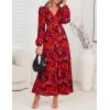 ZESICA Women’s Floral Long Sleeve Midi Dresses 2026 Fall Boho V Neck Belted High Wasit Flowy Wedding Cocktail Party Dress(Red)