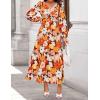 ZESICA Women’s Floral Long Sleeve Midi Dresses 2026 Fall Boho V Neck Belted High Wasit Flowy Wedding Cocktail Party Dress(Tangerine)