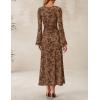 ZESICA Women’s Long Sleeve Floral Bodycon Dress 2026 Spring Fall Ruched Mesh Wedding Guest Cocktail Party Maxi Dresses(Brown)