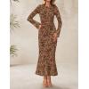ZESICA Women’s Long Sleeve Floral Bodycon Dress 2026 Spring Fall Ruched Mesh Wedding Guest Cocktail Party Maxi Dresses(Brown)