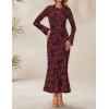 ZESICA Women’s Long Sleeve Floral Bodycon Dress 2026 Spring Fall Ruched Mesh Wedding Guest Cocktail Party Maxi Dresses(Burgundy)