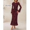 ZESICA Women’s Long Sleeve Floral Bodycon Dress 2026 Spring Fall Ruched Mesh Wedding Guest Cocktail Party Maxi Dresses(Burgundy)