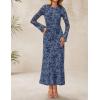 ZESICA Women’s Long Sleeve Floral Bodycon Dress 2026 Spring Fall Ruched Mesh Wedding Guest Cocktail Party Maxi Dresses(Dusty Blue)