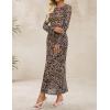 ZESICA Women’s Long Sleeve Floral Bodycon Dress 2026 Spring Fall Ruched Mesh Wedding Guest Cocktail Party Maxi Dresses(Leopard Brown)