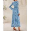 ZESICA Women’s Long Sleeve Floral Bodycon Dress 2026 Spring Fall Ruched Mesh Wedding Guest Cocktail Party Maxi Dresses(Light Blue)