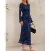 ZESICA Women’s Long Sleeve Floral Bodycon Dress 2026 Spring Fall Ruched Mesh Wedding Guest Cocktail Party Maxi Dresses(Navy)