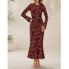 ZESICA Women’s Long Sleeve Floral Bodycon Dress 2026 Spring Fall Ruched Mesh Wedding Guest Cocktail Party Maxi Dresses(Rust)