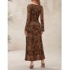 ZESICA Women’s Long Sleeve Floral Bodycon Dress 2026 Spring Fall Ruched Mesh Wedding Guest Cocktail Party Maxi Dresses(Tie Dye Brown)