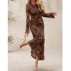 ZESICA Women’s Long Sleeve Floral Bodycon Dress 2026 Spring Fall Ruched Mesh Wedding Guest Cocktail Party Maxi Dresses(Tie Dye Brown)