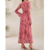 ZESICA Women’s Long Sleeve Floral Bodycon Dress 2026 Spring Fall Ruched Mesh Wedding Guest Cocktail Party Maxi Dresses(Tie Dye Pink)