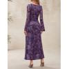 ZESICA Women’s Long Sleeve Floral Bodycon Dress 2026 Spring Fall Ruched Mesh Wedding Guest Cocktail Party Maxi Dresses(Tie Dye Purple)