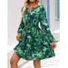 ZESICA Womens Spring Long Sleeve Floral Mini Dress 2026 Summer Boho V Neck A-Line Flowy Dresses Beach Vacation Clothes(Darkgreen)