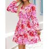 ZESICA Womens Spring Long Sleeve Floral Mini Dress 2026 Summer Boho V Neck A-Line Flowy Dresses Beach Vacation Clothes(Red)